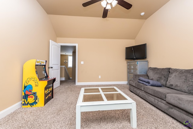 105 Reflection Dr, Bonaire, GA 31005 - living room with lofted ceiling, ceiling fan, and carpet
