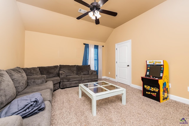 105 Reflection Dr, Bonaire, GA 31005 - living room featuring vaulted ceiling, light colored carpet, and ceiling fan