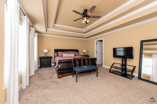 105 Reflection Dr, Bonaire, GA 31005 - carpeted bedroom with a tray ceiling, ornamental molding, and ceiling fan