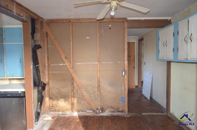 interior space with dark hardwood / wood-style floors and ceiling fan