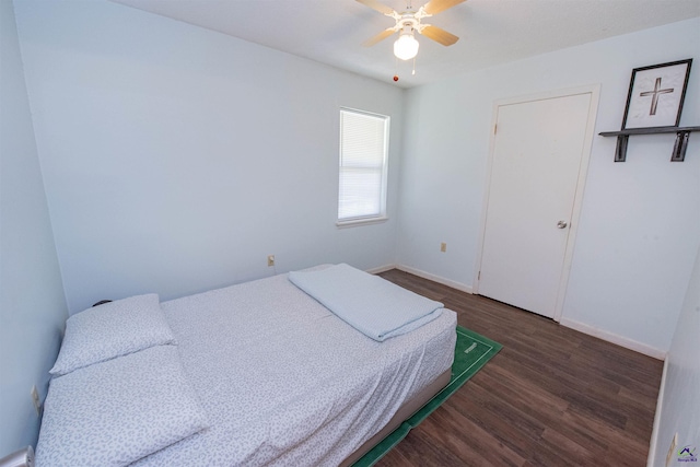 bedroom featuring ceiling fan and dark hardwood / wood-style flooring