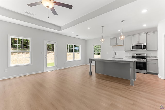 687 Jasmine Dr, Macon, GA 31211 - kitchen featuring appliances with stainless steel finishes, gray cabinetry, light wood-style floors, open floor plan, and recessed lighting