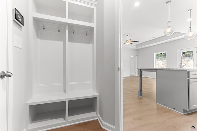 687 Jasmine Dr, Macon, GA 31211 - mudroom featuring light wood-type flooring, a ceiling fan, and baseboards