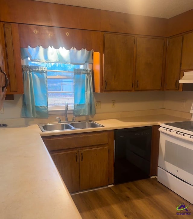 kitchen with sink, wood-type flooring, dishwasher, and white range with electric stovetop