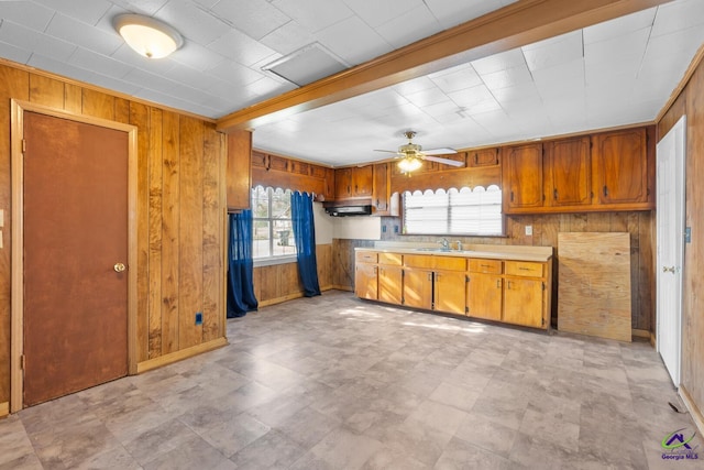 kitchen with extractor fan, wooden walls, sink, and ceiling fan