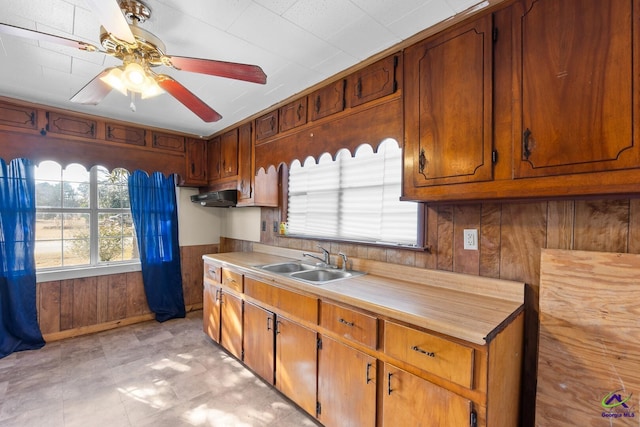 kitchen with sink, wooden walls, and ceiling fan