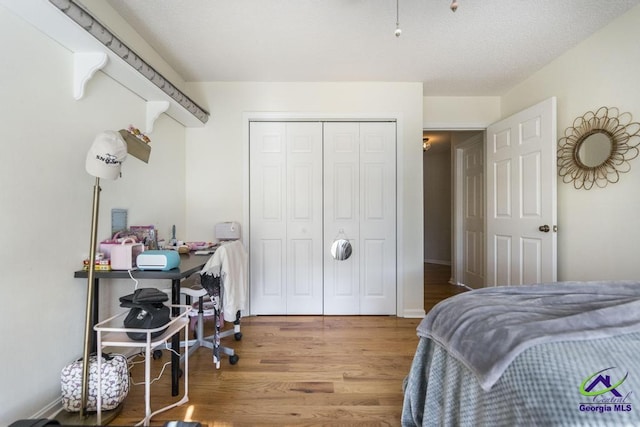 bedroom with wood-type flooring and a closet