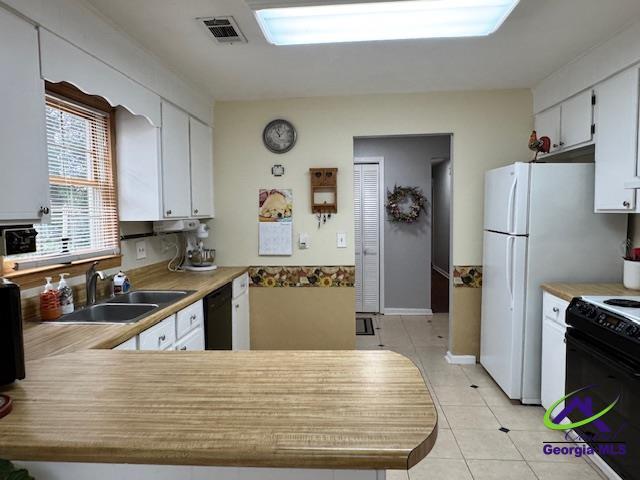 kitchen featuring sink, range with electric stovetop, kitchen peninsula, and white cabinets