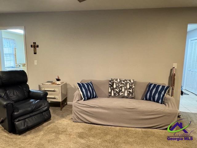 living room with light colored carpet