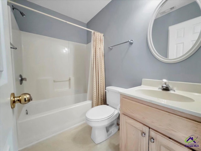 full bathroom with vanity, toilet, and shower / tub combo