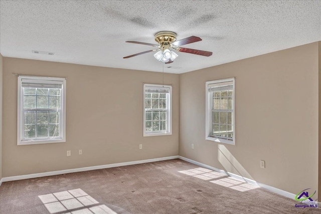 carpeted spare room featuring plenty of natural light, a textured ceiling, and ceiling fan