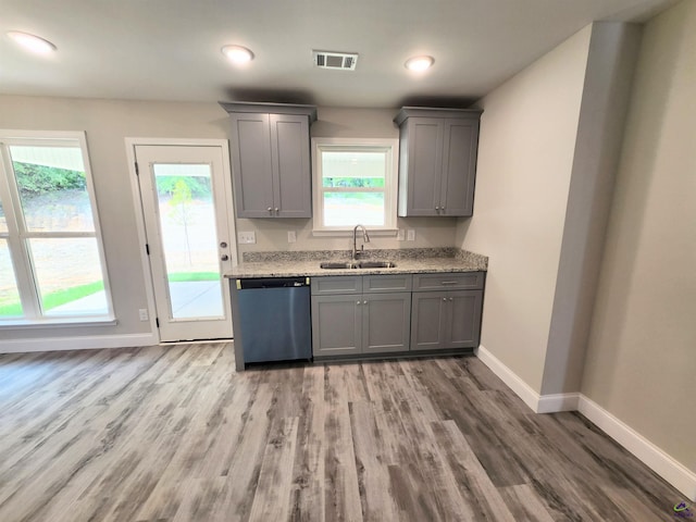 kitchen featuring gray cabinetry, visible vents, a sink, and stainless steel dishwasher