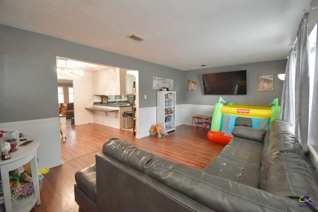 living room with wood-type flooring and a textured ceiling