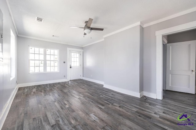 interior space with crown molding, dark hardwood / wood-style floors, and ceiling fan