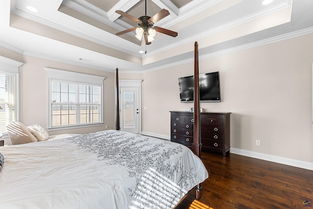 bedroom featuring a raised ceiling, crown molding, and dark wood-type flooring