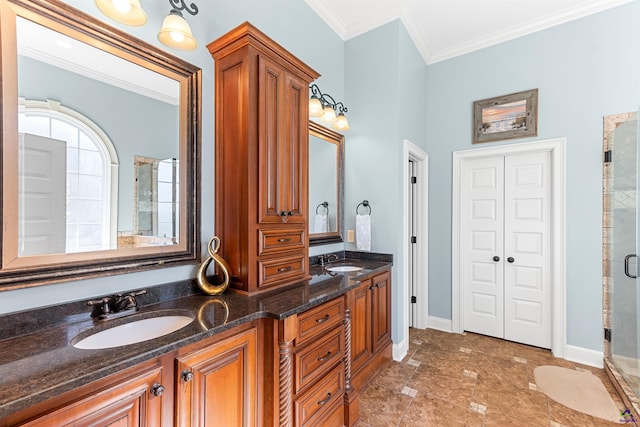 bathroom featuring crown molding, an enclosed shower, and vanity