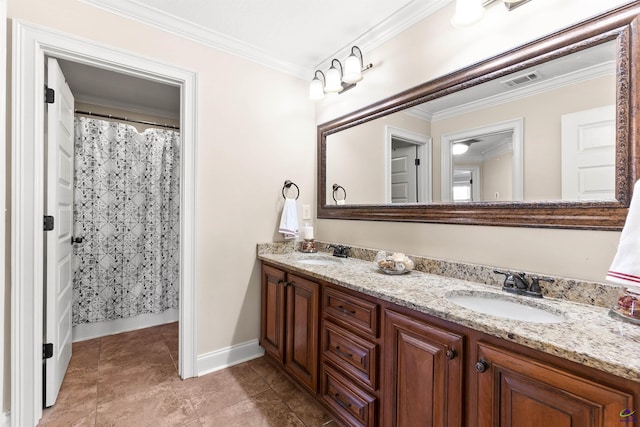 bathroom with crown molding, vanity, and a shower with curtain