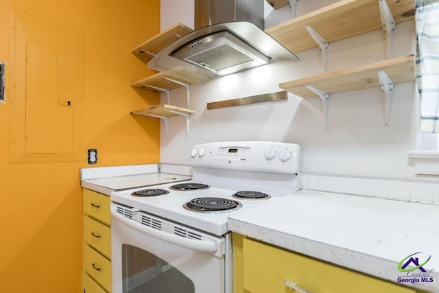 kitchen with island range hood and electric stove