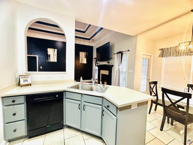 kitchen with sink, a chandelier, light tile patterned floors, black dishwasher, and kitchen peninsula