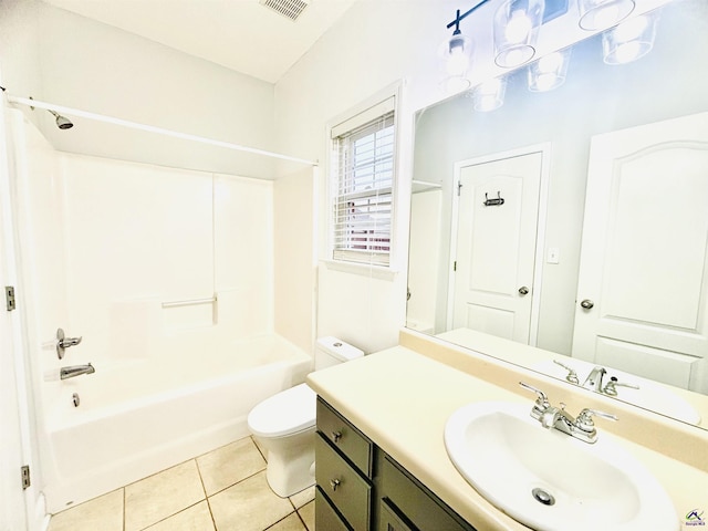 full bathroom featuring vanity, shower / tub combination, tile patterned floors, and toilet