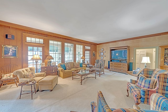 living room with ornamental molding and carpet