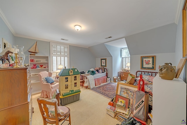 game room with crown molding, carpet flooring, and vaulted ceiling