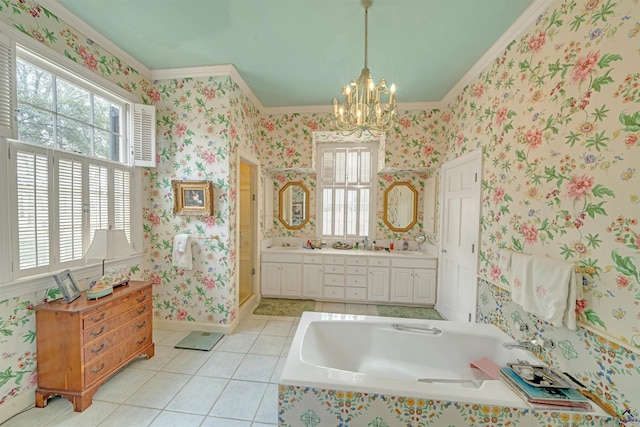 bathroom featuring tile patterned floors, ornamental molding, vanity, independent shower and bath, and a notable chandelier