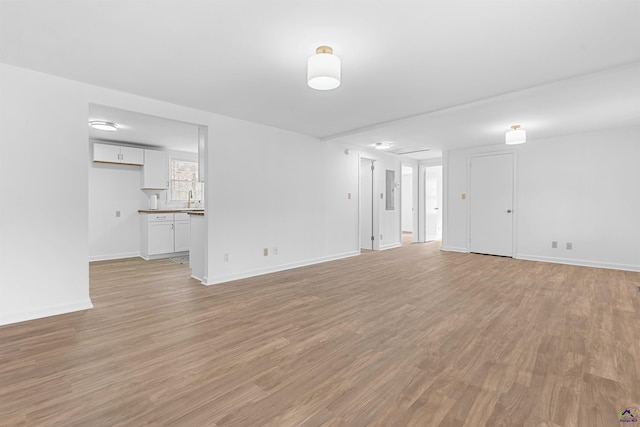 unfurnished living room featuring sink, light hardwood / wood-style floors, and electric panel