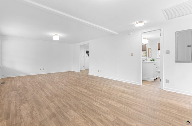 unfurnished room featuring electric panel and light hardwood / wood-style flooring