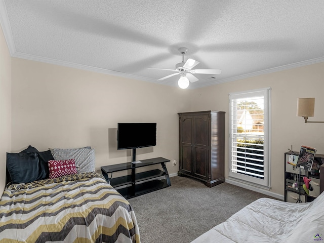 bedroom with crown molding, ceiling fan, light carpet, and a textured ceiling