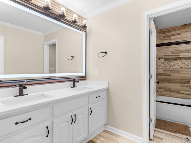 bathroom featuring vanity, wood-type flooring, ornamental molding, and shower / bath combination with glass door