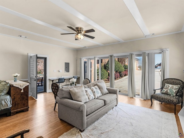 living room with beam ceiling, ceiling fan, electric panel, and light wood-type flooring