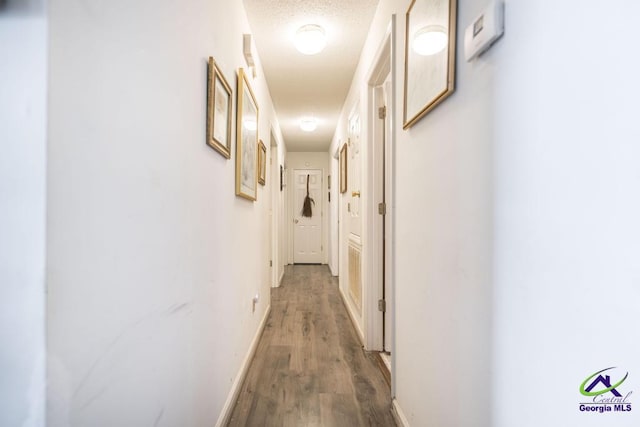 hall featuring wood-type flooring and a textured ceiling