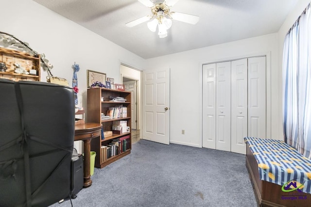 office with ceiling fan and dark colored carpet