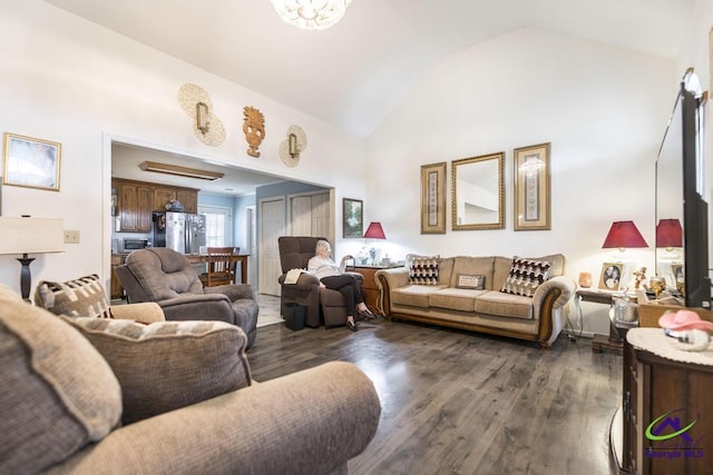 living room with dark hardwood / wood-style floors and high vaulted ceiling