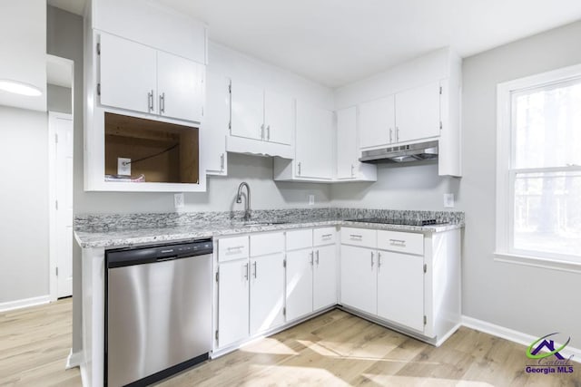 kitchen featuring a wealth of natural light, stainless steel dishwasher, white cabinets, and light hardwood / wood-style flooring