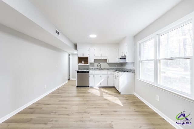 kitchen featuring white cabinets, light hardwood / wood-style flooring, sink, and dishwasher