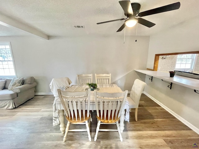 dining room with a healthy amount of sunlight, beam ceiling, light hardwood / wood-style flooring, and a textured ceiling