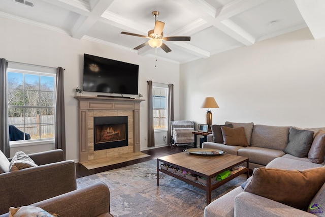 living room with coffered ceiling, dark hardwood / wood-style flooring, and beamed ceiling