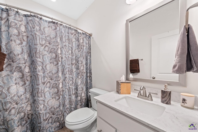 bathroom featuring a shower with curtain, vanity, and toilet