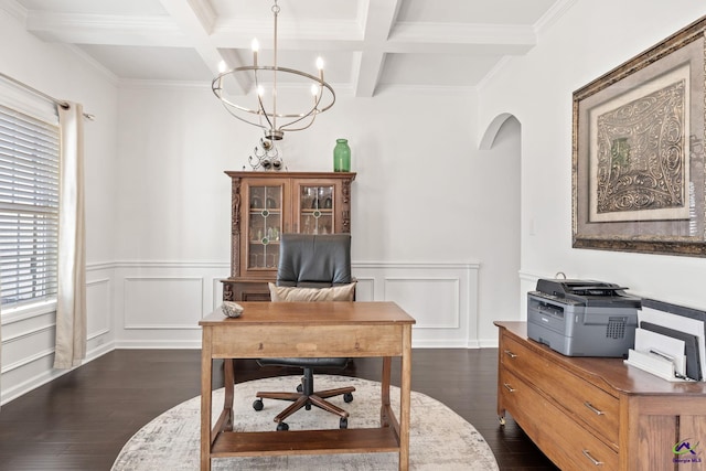 home office with coffered ceiling, dark hardwood / wood-style floors, a notable chandelier, and beam ceiling