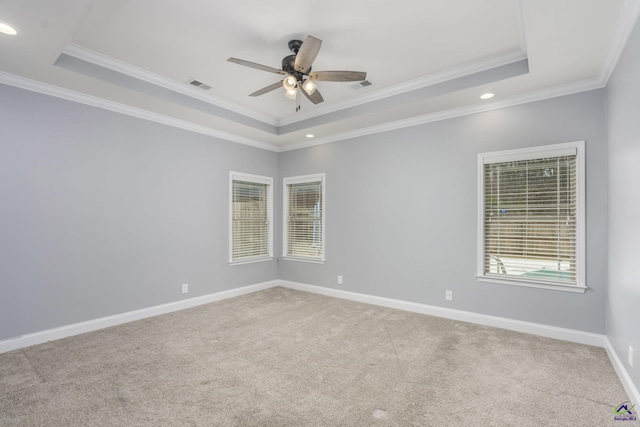 carpeted spare room featuring ceiling fan, ornamental molding, and a raised ceiling