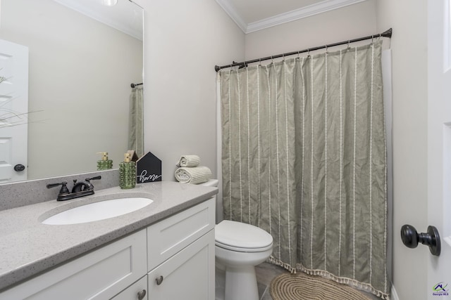 bathroom featuring vanity, crown molding, a shower with curtain, and toilet