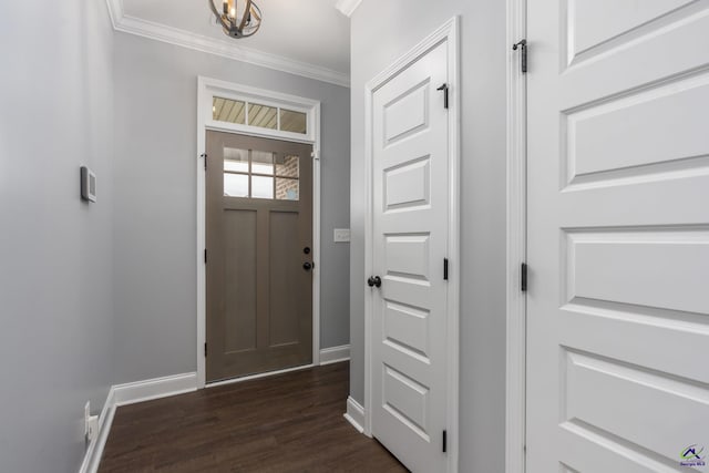 doorway to outside featuring ornamental molding and dark hardwood / wood-style floors