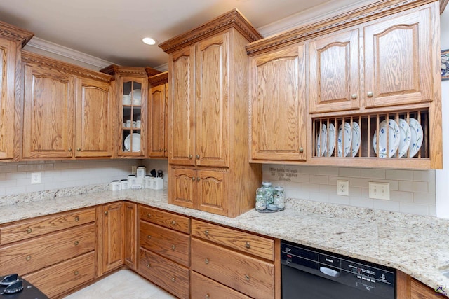 kitchen featuring light tile patterned flooring, ornamental molding, black dishwasher, light stone countertops, and decorative backsplash