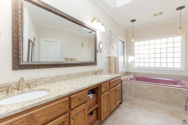 bathroom featuring vanity, tiled tub, tile patterned floors, and ornamental molding