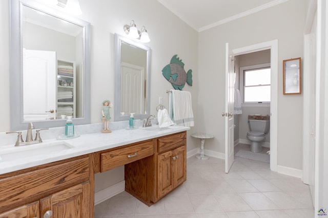 bathroom with crown molding, tile patterned floors, vanity, and toilet