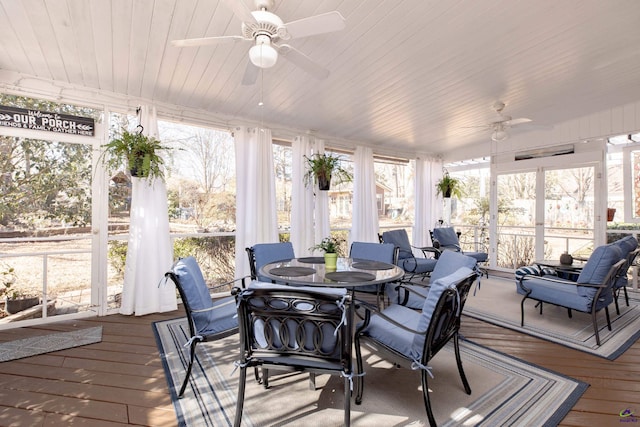 sunroom / solarium with wood ceiling, a wealth of natural light, and ceiling fan