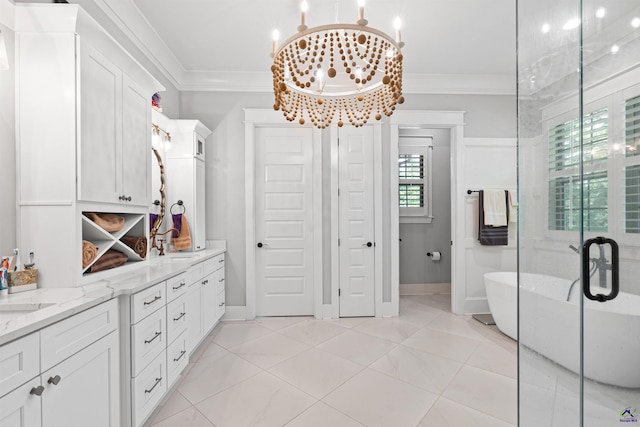 bathroom with vanity, a notable chandelier, ornamental molding, tile patterned floors, and separate shower and tub