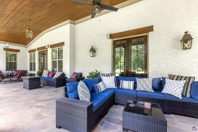 view of patio / terrace with french doors, ceiling fan, and outdoor lounge area